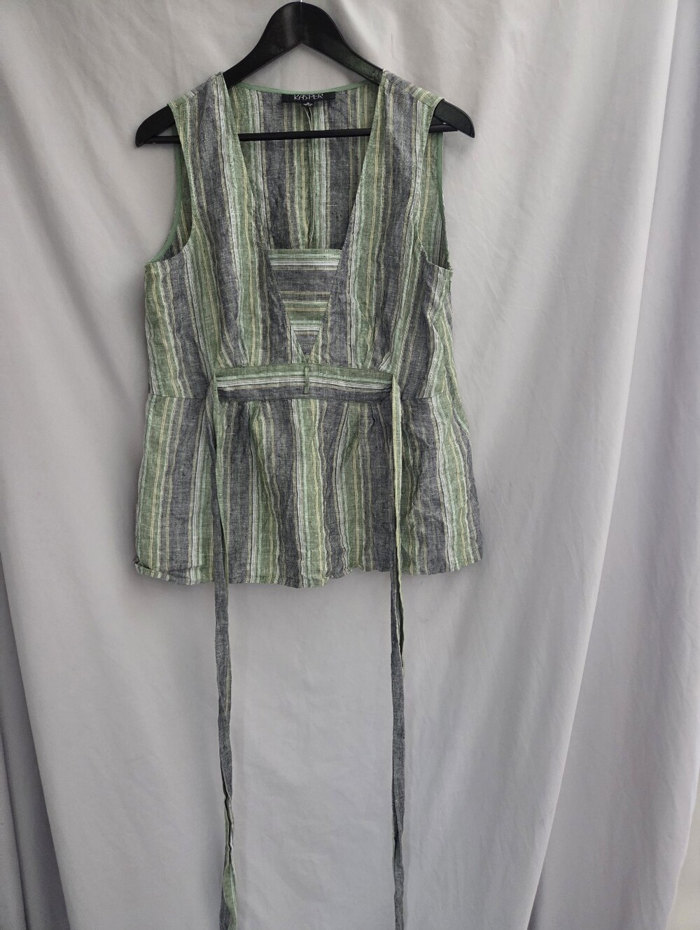 Kasper Vertical Stripe Tie-Waist Camisole in Green and Gray,